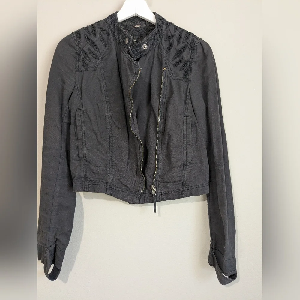 Free People Black Moto Jacket Cutwork Asymmetrical Zip Embroidered Shoulders